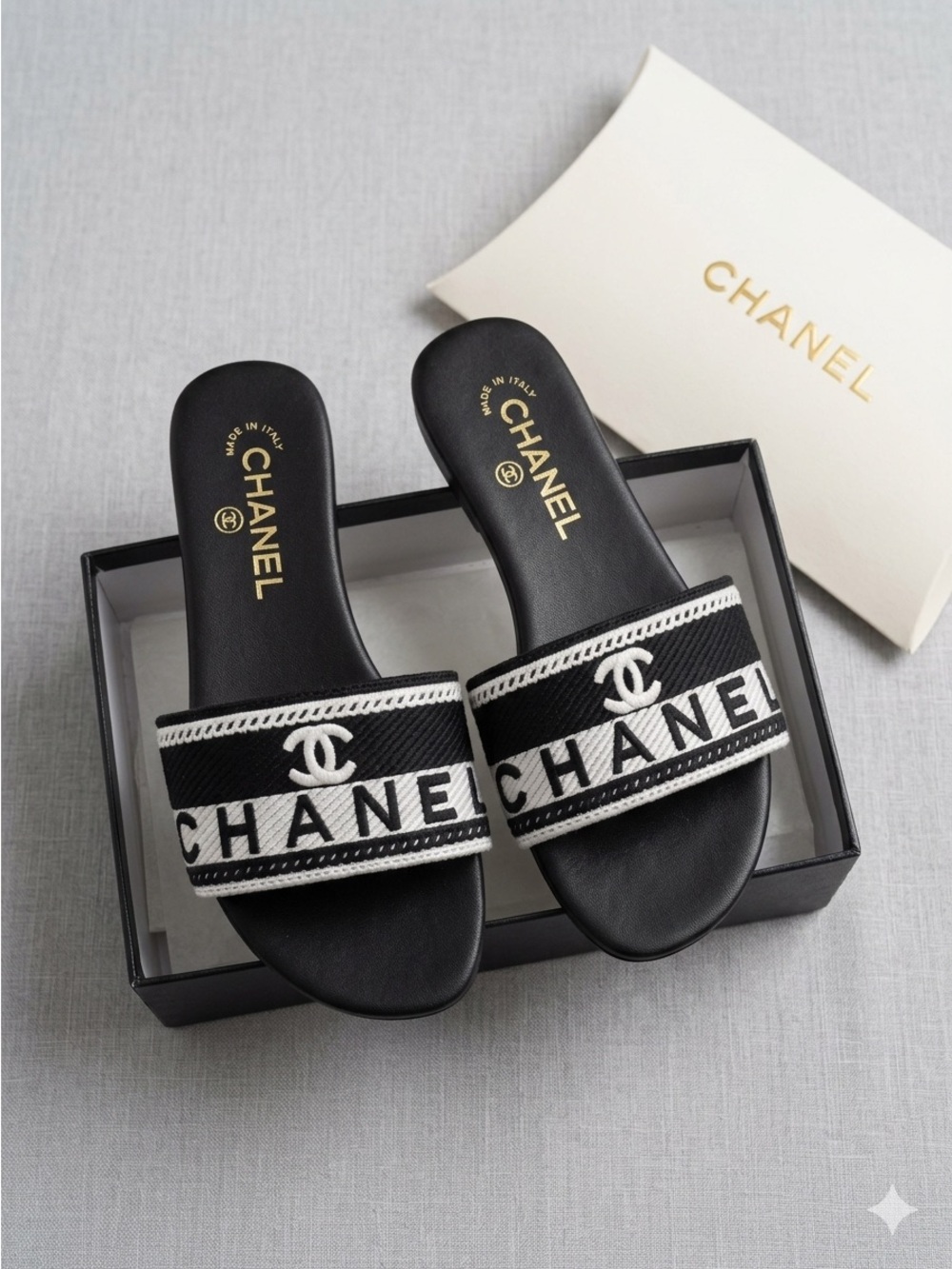 Black & White Logo Slide Sandals